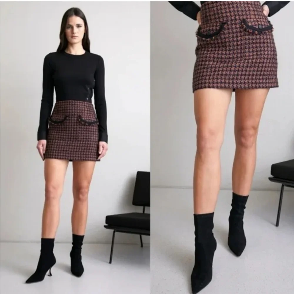 Veronica Beard Andriel Houndstooth Tween Mini Skirt Brown Black Navy Size 4